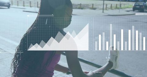 Urban runner adjusting white sneaker on rail with wearable tracking charts overlay