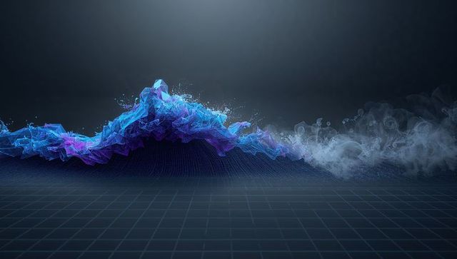 Rising neon waveform ribbon glowing with particle bursts fading into smoke over grid floor