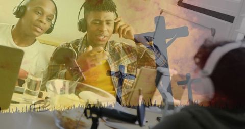 Recording teens creating moody podcast with headphones, mic and cross silhouette overlay