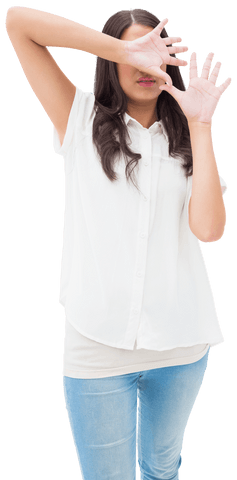 transparent woman hiding face in fear shows protective gesture - Download Free Stock Videos Pikwizard.com