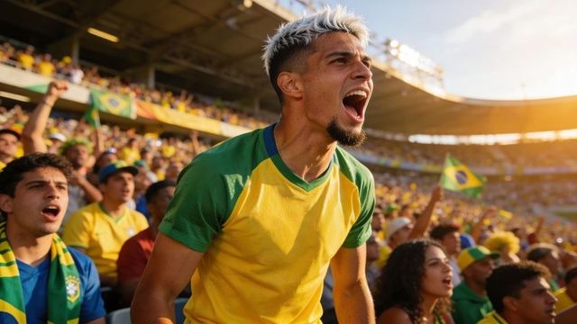 Brazilian football fan cheering loudly in stadium wearing yellow jersey, waving flags