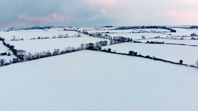 Aerial view showing a vast, snow-covered countryside landscape during winter. Trees and hedges create unique patterns and divisions among the fields, adding to the serene and tranquil visual. This video is ideal for use in winter-related content, landscape photography, nature blog posts, travel promotions, and seasonal greeting cards.