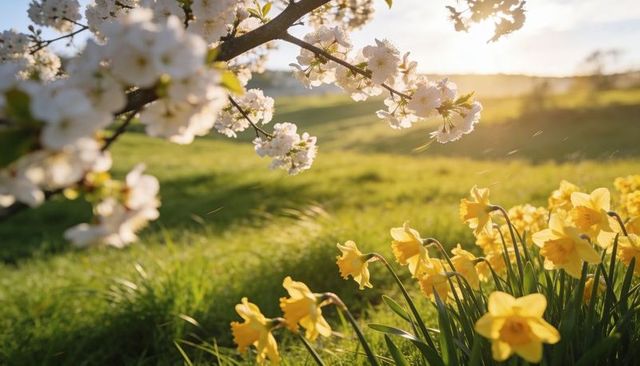Spring meadow blooming with golden daffodils and sunlit cherry blossom branch at sunrise