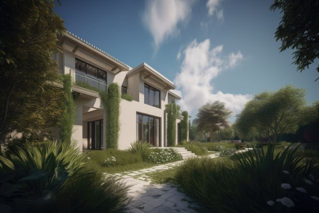 Modern white villa in tropical garden on sunny day, created using generative ai technology. Architecture and design concept digitally generated image.