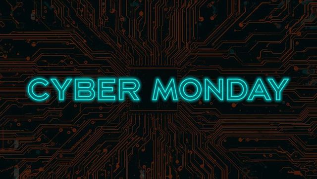 Neon teal cyber monday banner over futuristic circuitry and microchip pcb background design
