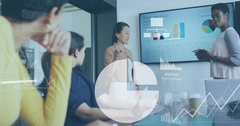 Diverse team analyzing global financial data with digital overlay
