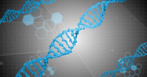 Blue dna helix with molecular background in virtual laboratory