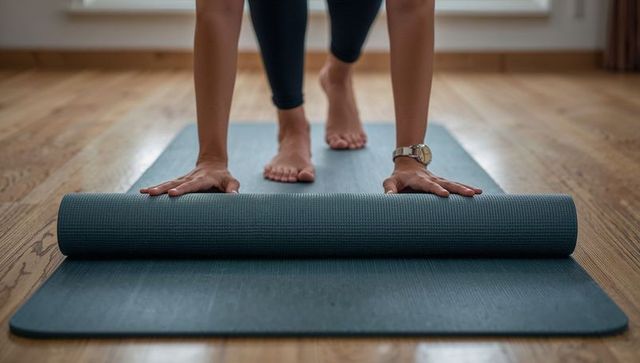 Woman rolling teal yoga mat on hardwood floor for morning stretch and balance