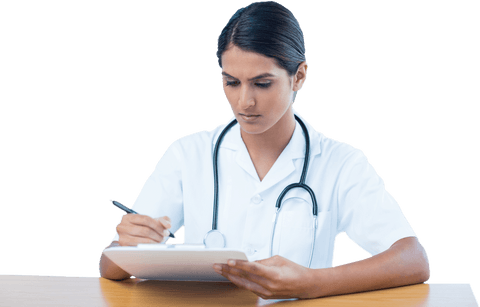 Transparent doctor writing on clipboard at desk