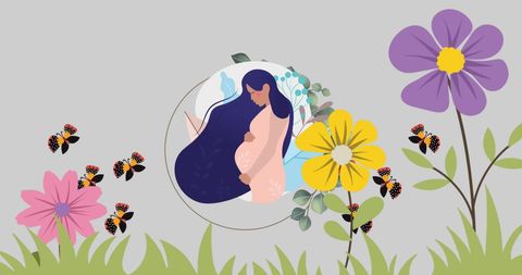 Pregnant Woman Illustration Amid Blooming Flowers