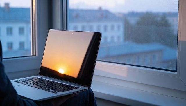 Laptop Reflecting Sunset on Window Sill, Person Holding Device During Quiet Urban Evening