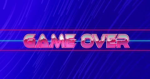 Retro game over screen with pink pixels and blue background
