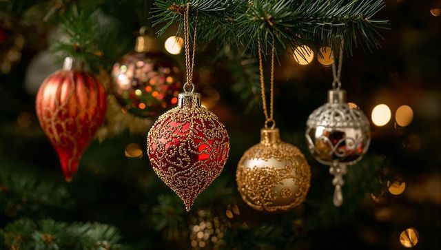 Elegant christmas baubles adorning pine branch with festive charm