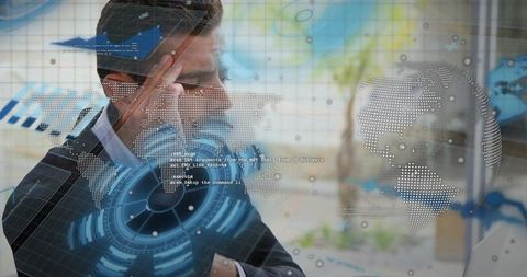 Executive making urgent call while pinching nose under futuristic hud global data overlay