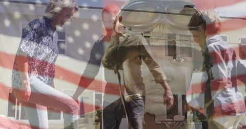 Three generations family with american flag and soldier helmet