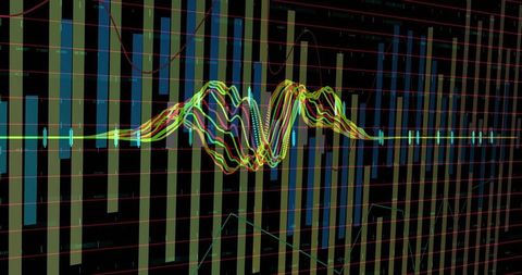 Dynamic visualization chart with 3d bars and multicolor waveforms