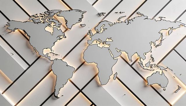 Backlit sculptural world map cutout on diagonal panels with warm amber halo lighting