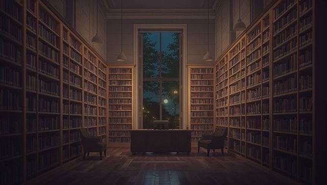 Moonlit Library Interior with Wooden Desk, Plush Armchairs and Tall Shelves