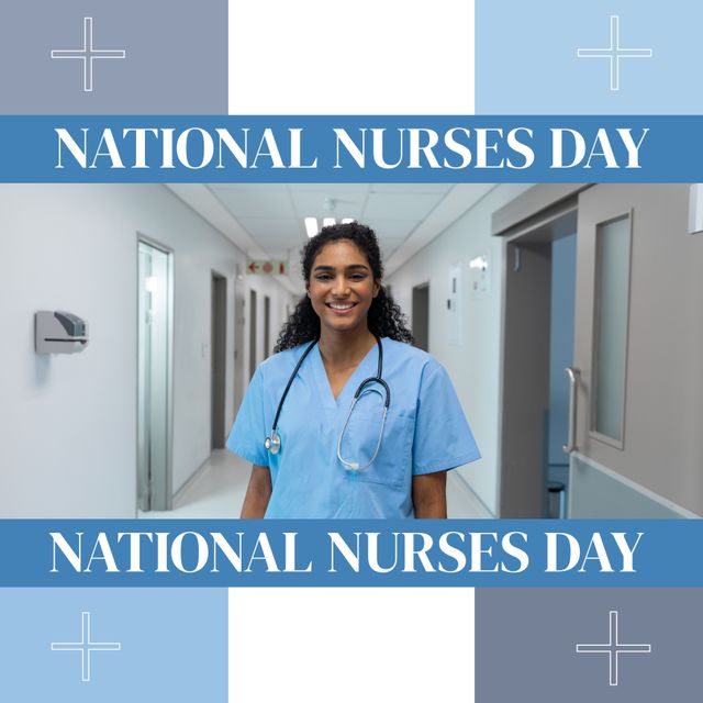 Composite of plus signs, national nurses day text, portrait of biracial female nurse in hospital. Copy space, healthcare, smiling, awareness, honor and celebration concept.