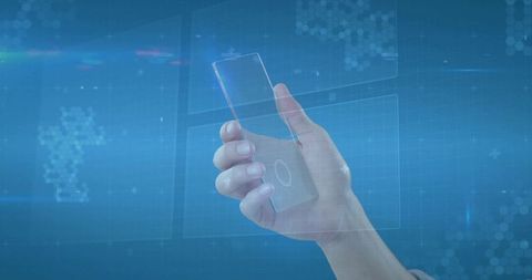 Right Hand Holding Clear Smartphone Pressing Holographic Touch Interface on Blue Grid