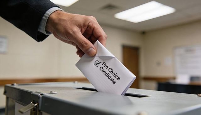 Hand in suit casting pro-choice ballot into ballot box at polling station