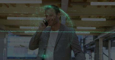 Businessman Talking on Smartphone with Digital Globe Overlay