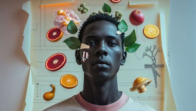 Artistic Portrait with Fruits and Geometric Elements