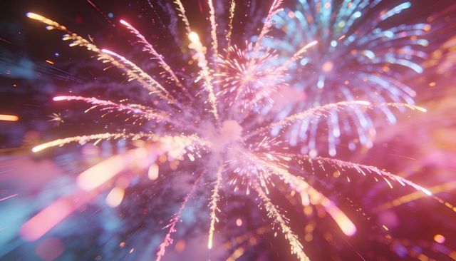 Exploding fireworks burst lighting night sky with colorful spark trails and bokeh