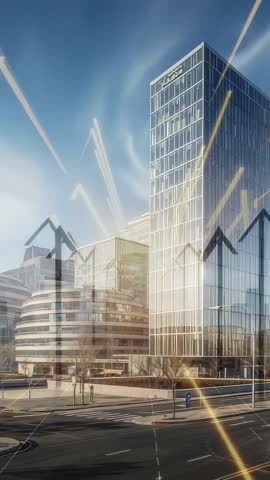 Glass Tower Reflecting Light Streaks and Animated Upward Arrows Signaling Urban Innovation