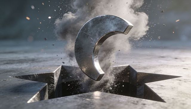 Metallic crescent rising from star aperture on weathered stone stirring dust and sparks