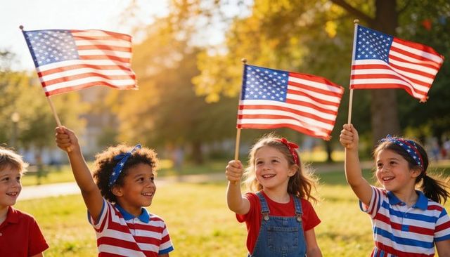 Children waving american flags in sunlit park celebrating fourth of july