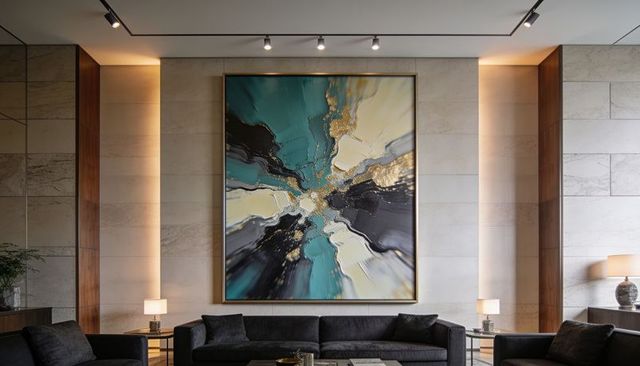 Displaying framed abstract canvas art in luxury lounge with teal gold burst centerpiece