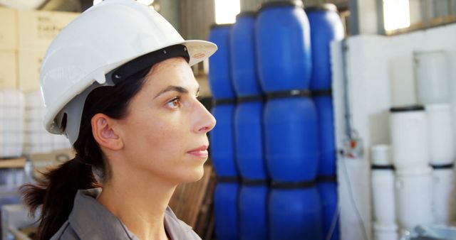 Female Worker Wearing Safety Helmet in Factory - Download Free Stock Images Pikwizard.com