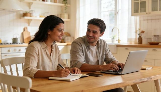 Young Couple Collaborating at Kitchen Table with Laptop and Notebook in Sunlit Home