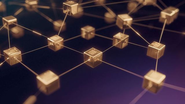 Glowing gold cube network linking nodes for blockchain and distributed ledger systems