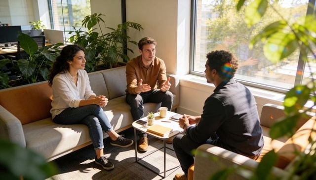 Collaborating in modern office lounge surrounded by plants during informal daytime meeting