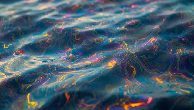 Close-up iridescent water surface with colorful oil slick and prismatic reflections