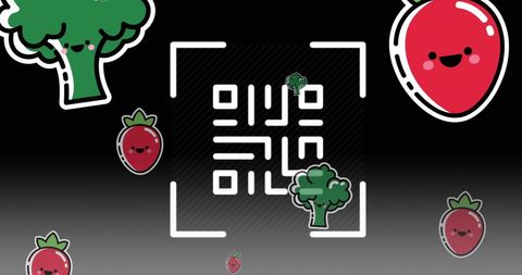 Fun cartoon qr code with bright fruits and vegetables