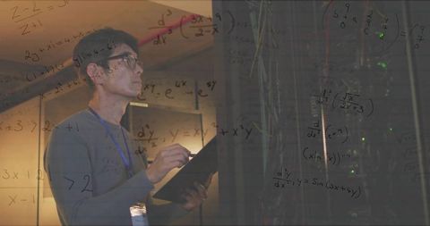 Technician Analyzing Servers in Data Center with Calculations Overlay