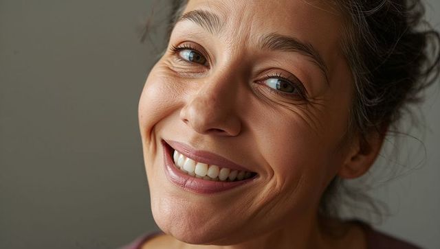 Closeup smiling middle-aged woman with natural makeup and warm friendly expression