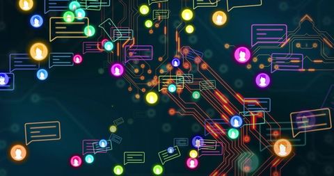 Visualizing neon social network connectivity across circuit traces with chat node icons