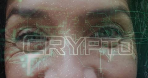 Mature woman closeup gazing through crypto digital overlay cyberpunk circuits tech portrait
