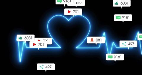 Neon heartbeat line with social media notification callouts for engagement analytics