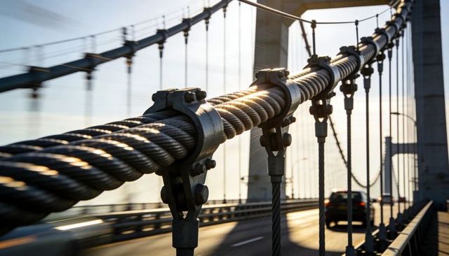 Glinting Steel Suspension Cable and Heavy-Duty Clamp Close-Up on Urban Bridge at Sunset