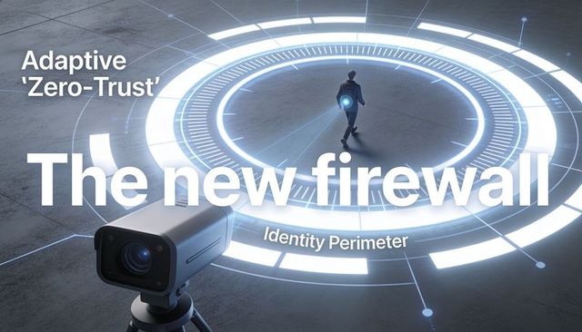 Businessperson walking into holographic zero-trust identity perimeter surveillance concept