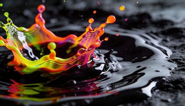 Forming neon paint crown splash on glossy black liquid with iridescent droplets