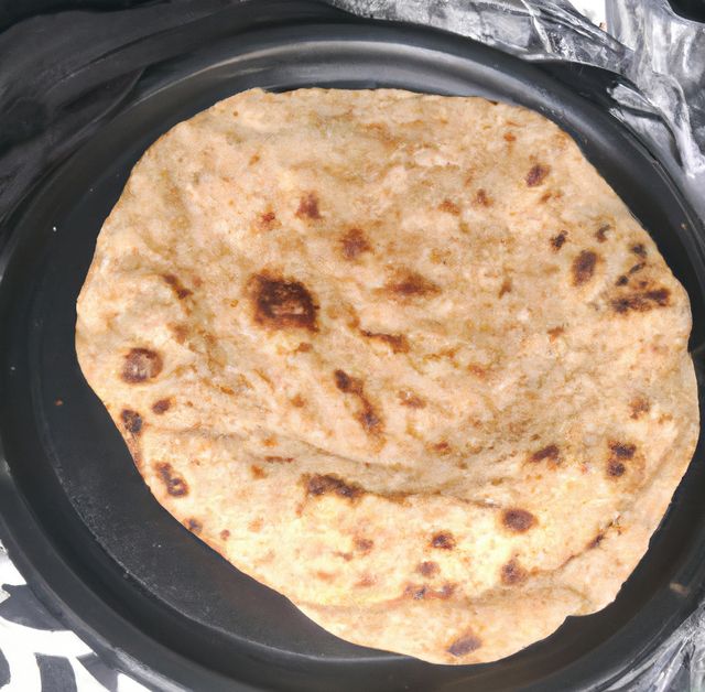This image shows a freshly cooked whole wheat flatbread, also known as roti or chapati, served on a black plate. The golden-brown texture with spots of browning indicates that it is perfectly cooked. This photo can be used for food blogs, recipe websites, restaurant menus, or any project related to traditional Indian cuisine, health, or vegetarian diets.