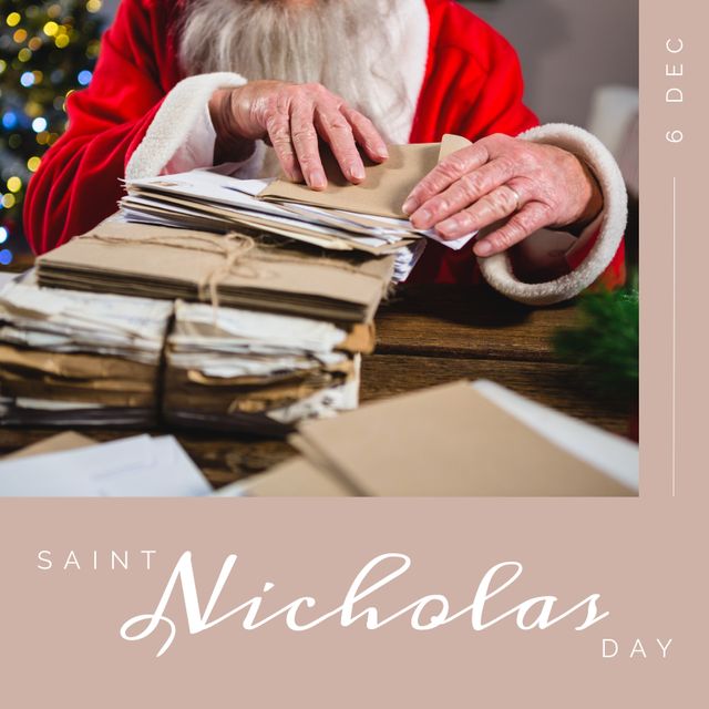 Santa Claus is focusing on reading and sorting a stack of letters at a table on December 6 for Saint Nicholas Day. This image is ideal for promotions related to holiday greetings, Christmas campaigns, and traditional celebrations. It can be used in marketing materials, advertisements, and social media posts to create a festive atmosphere.
