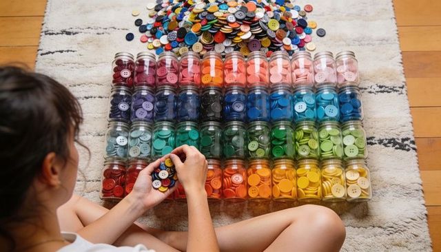 Sorting rainbow buttons into organized glass jars for craft storage and creative hobby