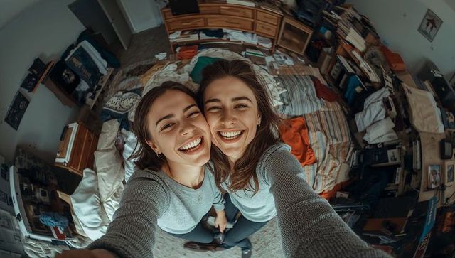 Two young women laughing while taking selfie in cluttered bedroom with fisheye lens